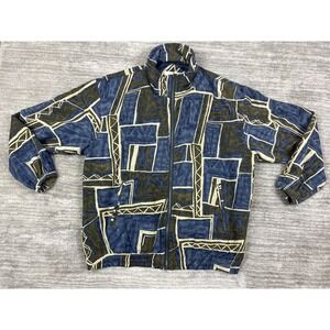 Vital Zone Jacket Mens M Blue Silk Geometric Abstract Vintage Full Zip Bomber